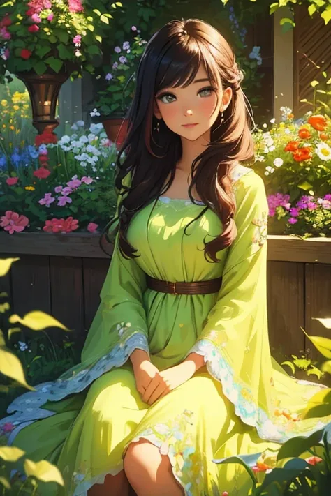 A girl with vibrant hair and expressive eyes, surrounded by blooming flowers and lush greenery in a peaceful garden. She is wearing a flowing dress that matches the vibrant colors of the flowers. The sunlight shines through the leaves, creating a soft and ...