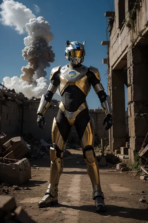 a humanoid robot with a sophisticated and futuristic design, its body is golden with glowing white stripes, a black visor covers its entire face, it has the word "POTIDU" lit up on its chest, standing on top of the ruins, behind it are the wreckage of a sp...