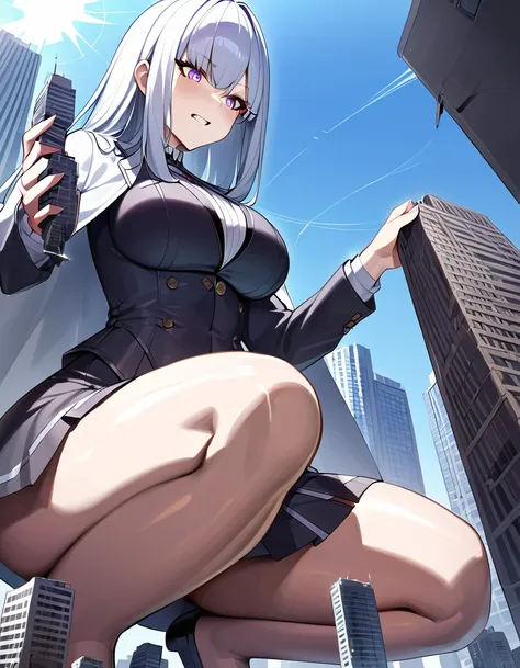 huge，Teenage girl，short skirt，teasing，A giant girl taller than a building，穿White过膝袜的，city-destroying，miniature city，low angle of view，shrouded in the villain，White，arrogant，Holding a miniature building in hand，squatting