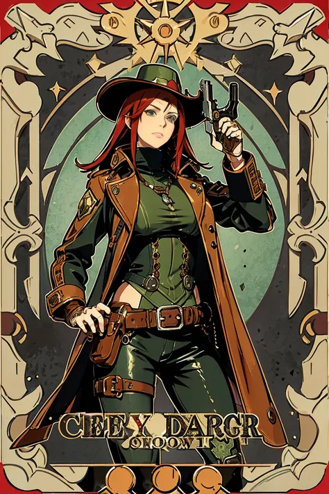 Red hair, green eyes, cowboy hat, leather jacket, a woman in a hat and coat holding a hand gun, a character portrait by senior character artist, holography, steampunk, unreal engine 5, concept art, Concept art by senior character artist, official art, full...