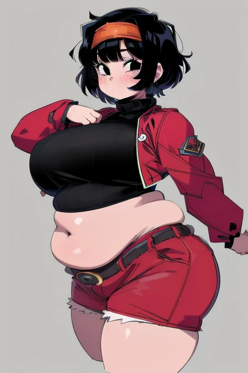 (masterpiece, best quality), 1girl, pan,1girl,solo,short hair,bangs,black hair,orange headband,black eyes,  belt,crop top,red jacket,crop jacked,green shorts,turtleneck,bbw, plump, large belly, large breasts, large thighs, love handles, wide hips, weight g...