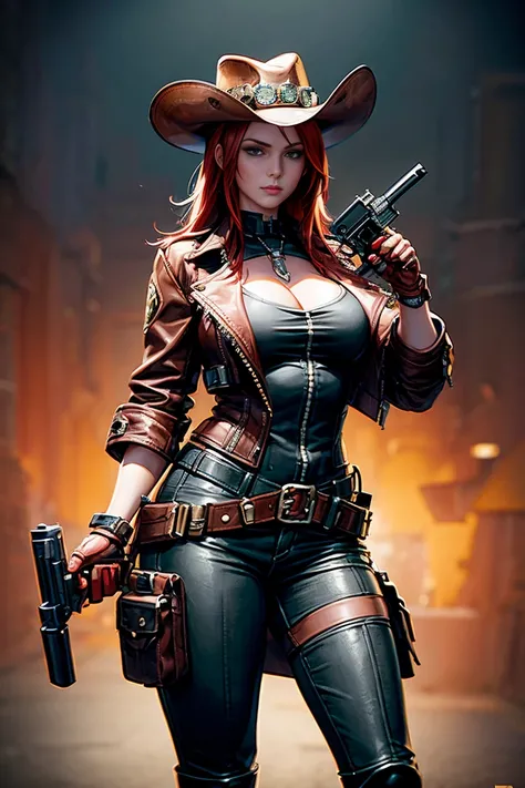 Red hair, green eyes, cowboy hat, leather jacket, a woman in a hat and coat holding a hand gun, a character portrait by senior character artist, holography, steampunk, unreal engine 5, concept art, Concept art by senior character artist, official art, full...