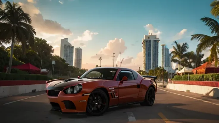 atardecer en miami con carros deportivos en un mirador