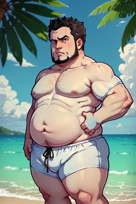 a man Morbidly obese, chubby, extremely thick thighs, large belly, wearing only swimming trunks. estilo de anime chibbi. fundo branco