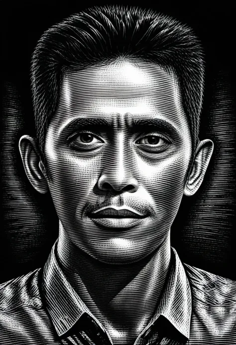 a half body portrait,scratch board illustration, indonesia man 35years, black eyes,black hair, close up portrait, centered,intri...