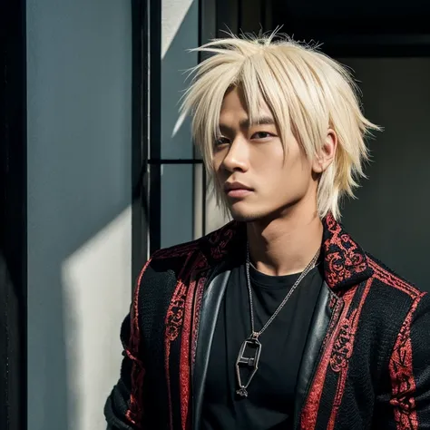 1 man, Japanese man, male, Asian eyes, muscular, broad shoulders, dragon,hairstyle Visual Kei style, hair Visual Kei, black mens shirt and black pants, ultra detailed face, hyperrealistic, realistic representation, 30 years old!,age 30 years! Blonde hair, ...