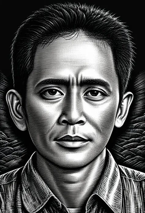 a half body portrait,scratch board illustration, indonesia man 35years, black eyes,black hair, close up portrait, centered,intri...