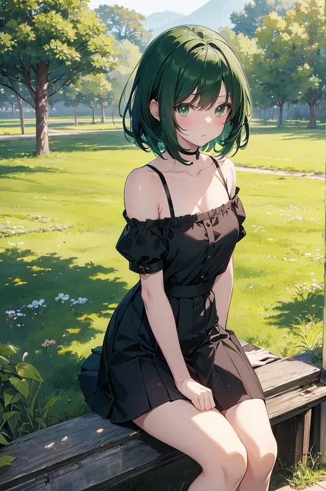 Cute little anime girl with short white hair and green eyes in a field, anime drawing by Shitao, Pixiv contest winner, realistic, visual anime of a cute girl, cute anime girl, cute waifu anime . A short black skirt that is blown by the wind and a short shi...