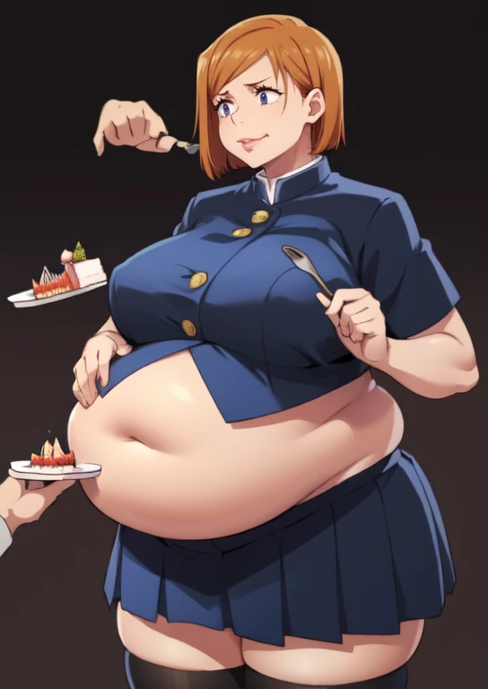 (masterpiece, best quality), 1girls, big belly, blurry background, huge belly, art by kipteitei, round belly, chubby, curvy, short cut hair, brown hair, ripped shirt, skirt, thighhighs, simple_background, gradient_background, belly bursting out of (((black...