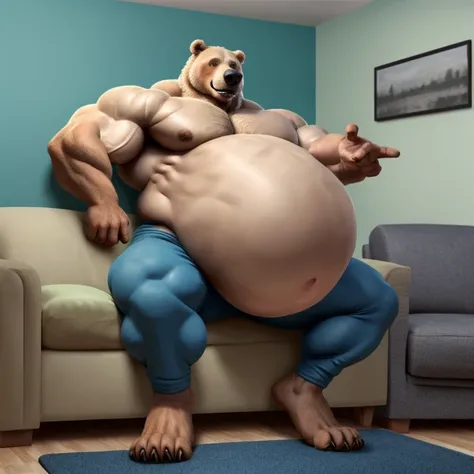 Huge belly,1bear,furry,muscle,background living room,sit,big pecs,blue pants,shirtless,big round belly,big bulge,vore