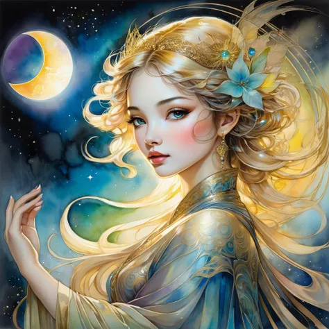 An awe-inspiring watercolor and ink masterpiece inspiring by Jasmine Becket-Griffith, featuring an enchanting, ethereal charming woman radiating celestial energy and holding a radiant moon in her hands. golden ratio in the proportions. Extraordinarily well...