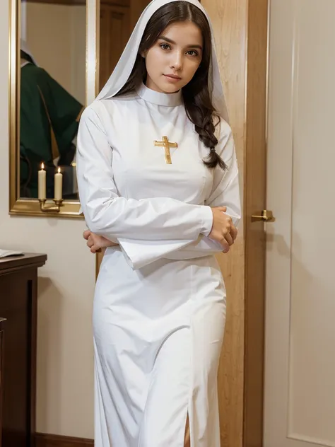 Beautiful girl in Catholic religious nun outfit with long sleeves (mostrando os seios)