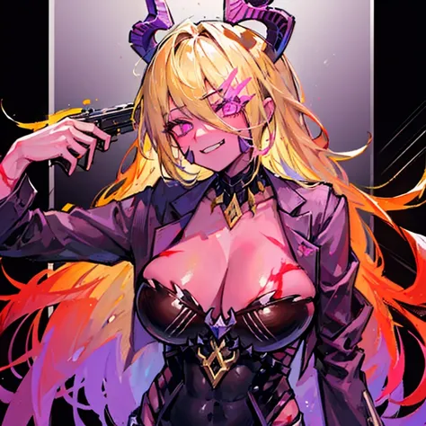 masterpiece, best quality, 8k, (g2h, gun to head, handgun, holding gun, Glock ,suicide, :1.5), cowboy shot, 1girl, bbeth, demon horns, yellow hair, purple eyes, Business suit, flaming eyes,crazy glowing eyes,psycho smirk, blood tears, looking at viewer