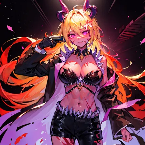 masterpiece, best quality, 8k, (g2h, gun to head, handgun, holding gun, Glock ,suicide, :1.5), cowboy shot, 1girl, bbeth, demon horns, yellow hair, purple eyes, Business suit, flaming eyes,crazy glowing eyes,psycho smirk, blood tears, looking at viewer