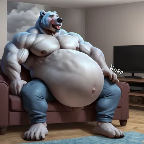 Huge belly,1bear,furry,muscle,background living room,sit,big pecs,blue pants,shirtless,big round belly,naked,vore,burp,cloud burp,burp noises,big cock,big balls