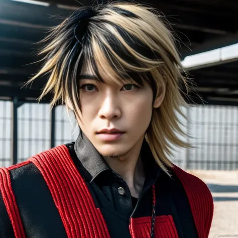 1 man, Japanese man, male, Asian eyes, muscular, broad shoulders, dragon,hairstyle Visual Kei style, hair Visual Kei, black mens shirt and black pants, ultra detailed face, hyperrealistic, realistic representation, 30 years old, ,age 30 years, Blonde hair,...