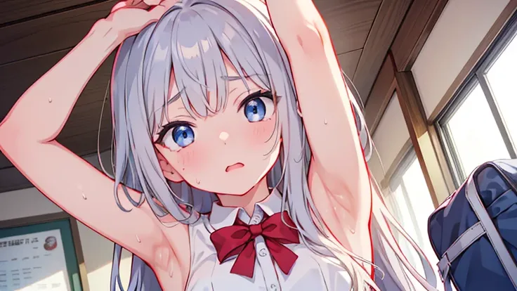 one 、、European girl、lolita、、、short、ultimate beautiful girl、Upper body、detailed face、ultimate image quality、best lighting、silver hair、long hair、blue eyes、Puzzled、sweaty、showing the viewer his left armpit、steam from armpit、 Maschalagnia、8K quality、detailed a...