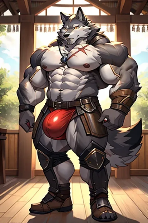 gray wolf、mercenary wolf、wolf ate too much、Broken armor、shabby equipment、huge muscles、Abdomen swollen like a balance ball、Abdomen swollen to the point of bursting、Looks like it hurts、A huge bulge in the crotch that looks like a balance ball、Huge penis outl...