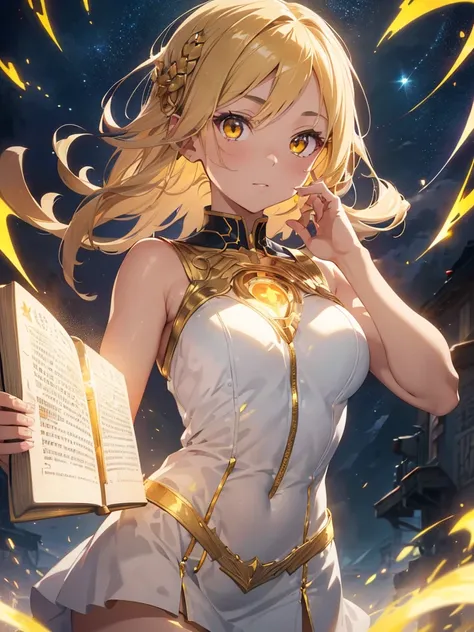 a goddess of wisdom, mature look, Toning the body, white skin, (Glowing clothing masterpiece:1.4), pure white fabric strapless tube top dress, luminous golden belt, luminous Golden arm Armor, golden leg armor, (a glowing sword-shaped figure appears on the ...