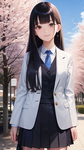 highest quality、realistic、Japanese、２people、Girls standing side by side making peace sign、looking at the camera、cute、smile、orange eyes、long hair、all back、black hair、Forehead is coming out、white blazer、white blouse、Blue checked pleated skirt、Cherry tree in f...