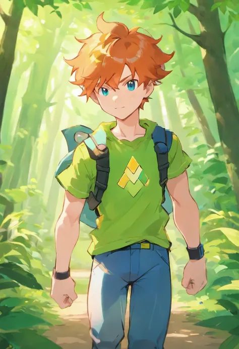 Ginger Hair teen with fit build, work as a ranger. Very tall, handsome. He looks cool well built and athletic. He looks capable and able to run long distance. He is good in any weather. Current setting in a dense forest and figjtimg to save pokemon.