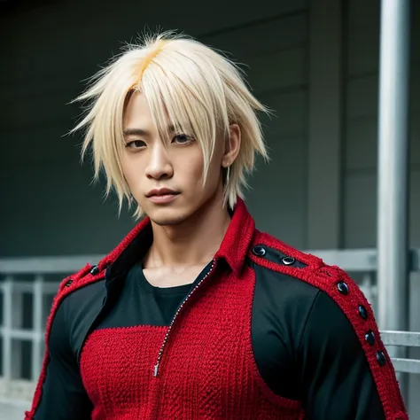 1 man, Japanese man, male, Asian eyes, muscular, broad shoulders, dragon,hairstyle Visual Kei style, hair Visual Kei, black mens shirt and black pants, ultra detailed face, hyperrealistic, realistic representation, 30 years old, ,age 30 years, Blonde hair,...