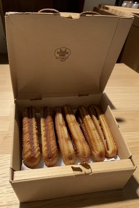 very good but the box should be smaller about 4cm high 15cm long and wide, y los churros mas degados. Ademas la caja debe ser blanca y su tapa debe estar a un costado, mejoralo esteticamente