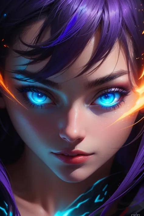 A stunning woman surrounded by a swirling nanodusty plasma in electric blue and vibrant purple, (close up:1.6), vibrant colors, surreal and mysterious, hyperrealistic, modern art, digital painting, trending in Artstation, cinematic lighting, and dynamic co...