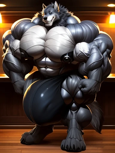 4k, high resolution, best quality, perfect lightning, perfect shadows, solo, anthro, young, boy, wolf, furry body, (fluffy mane:1.2), fluffy tail, male, adult, (bulky, thick muscles, huge muscles, hyper muscles:2.0), (thick biceps, veiny biceps, big broad ...