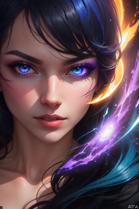 A stunning woman surrounded by a swirling nanodusty plasma in electric blue and vibrant purple, (close up:1.6), vibrant colors, surreal and mysterious, hyperrealistic, modern art, digital painting, trending in Artstation, cinematic lighting, and dynamic co...