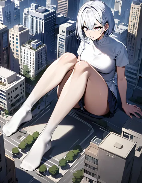 female giant，Eat villains，Over the knee white silk，girl，short skirt，no shoes，sitting on the city
