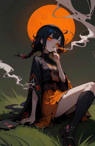 ((18-year-old punk girl)),((Orange national costume)),(dreadlocks、black hair)Studded clothing、((smoking a cigarette))、((sitting on grass))、（narrow and small eyes）,Wacky makeup、breast enhancement, (masterpiece), (High resolution), (super delicate), nightmar...