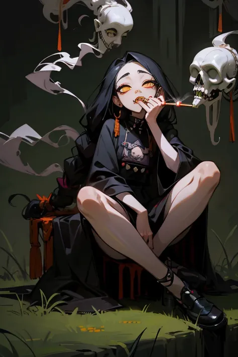 ((18 year old punk girl with dreadlocks)),((Orange national costume)),(dreadlocks、black hair)Studded clothing、((smoking a cigarette))、((sitting on grass))、（narrow and small eyes）,Wacky makeup、breast enhancement, (masterpiece), (High resolution), (super del...