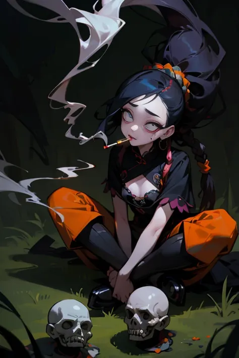 ((18 year old punk girl with dreadlocks)),((Orange national costume)),(dreadlocks、black hair)Studded clothing、((smoking a cigarette))、((sitting on grass))、（narrow and small eyes）,Wacky makeup、breast enhancement, (masterpiece), (High resolution), (super del...