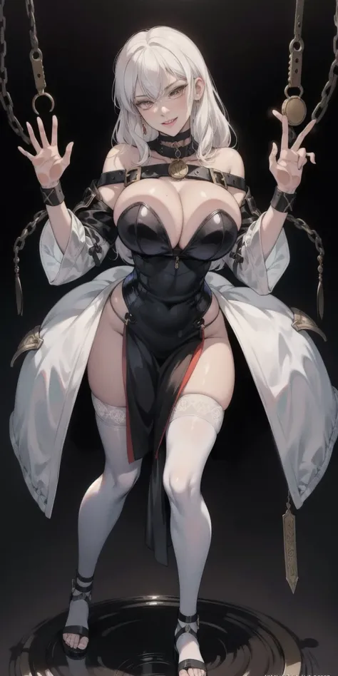 dark fantasy anime illustration of a (mature MILF BIMBO albino skin and short white hair), (FULL BODY) perfect face, wearing tight leather stealth armor, stalking, BIG KNOCKERS CLEAVAGE, lustful smirking smile red blush red cheeks, chain leash, kneeling, s...