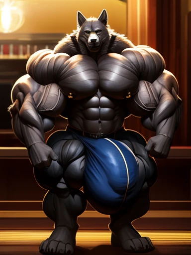 4k, high resolution, best quality, perfect lightning, perfect shadows, solo, anthro, young, boy, wolf, furry body, (fluffy mane:1.2), fluffy tail, male, adult, (bulky, thick muscles, huge muscles, hyper muscles:2.0), (thick biceps, veiny biceps, big broad ...