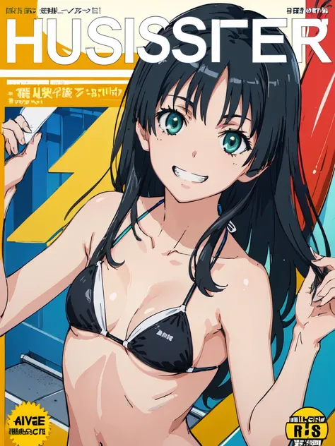 hustlercover, (High resolution:1.4), (masutepiece:1.2), (High quality:1.3) 1girl, saten ruiko, green eyes, long hair, black hair, small breast, bikini,  grin