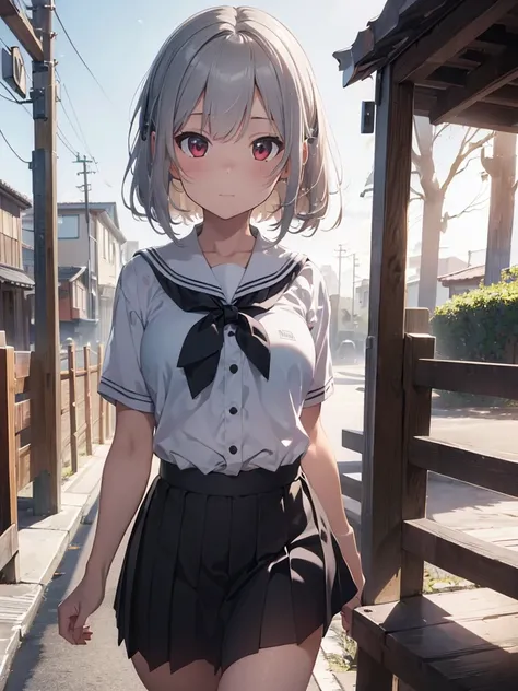 ((masterpiece)), ((best quality)), ((high resolution)), ((Extremely detailed CG unified 8k wallpaper)), alone, Tachibana, tan school uniform, black skirt, white socks, outdoor, Face, cover hair, beach, parted hair, silver hair