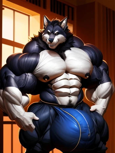 4k, high resolution, best quality, perfect lightning, perfect shadows, solo, anthro, young, boy, wolf, furry body, (fluffy mane:1.2), fluffy tail, male, adult, (bulky, thick muscles, huge muscles, hyper muscles:2.0), (thick biceps, veiny biceps, big broad ...