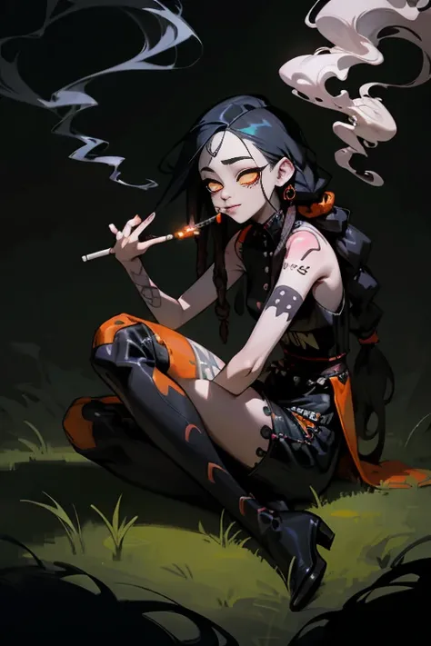 ((18 year old punk girl with dreadlocks)),((Orange national costume)),(dreadlocks、black hair)Studded clothing、((smoking a cigarette))、((sitting on grass))、（narrow and small eyes）,Wacky makeup、breast enhancement, (masterpiece), (High resolution), (super del...