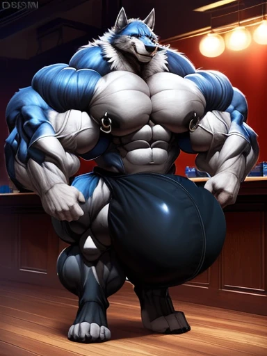 4k, high resolution, best quality, perfect lightning, perfect shadows, solo, anthro, young, boy, wolf, furry body, (fluffy mane:1.2), fluffy tail, male, adult, (bulky, thick muscles, huge muscles, hyper muscles:2.0), (thick biceps, veiny biceps, big broad ...