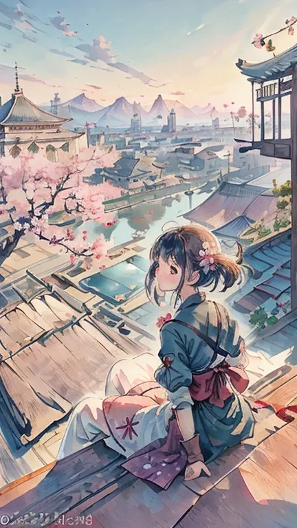 highest quality, masterpiece, very detailed, detailed background, anime, 1 girl, young girl, short girl, SF, cherry blossoms, outdoor, morning, greenhouse, huge structure, Wind景, scenery, horizon, rooftop, sitting on rooftop, Wind, look away, atmosphere li...