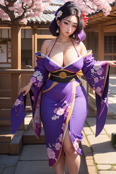 Obra maestra, Mejor calidad, 1 chica, japonesa, ojos violeta, rostros hermoso, senos gigantescos mostrando sus areolas oscuras, cabello recogido y peinado llamativo tipo geisha, kimono corto sexy dejando ver todo su cuerpo perfecto, mostrando su vagina, cu...