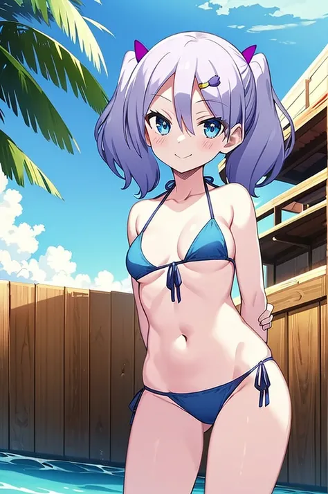 arms behind back ass visible through thighs bangs bare shoulders beach bikini blue bikini blue eyes blue sky blush breasts closed mouth cloud collarbone cowboy shot day female hair between eyes hair ornament hairclip halterneck looking at viewer navel ocea...