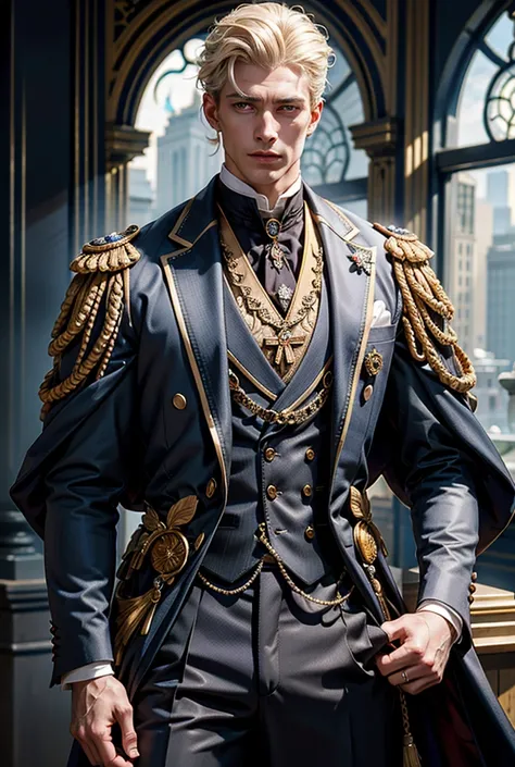 Fit earth genasi with a tall, muscular build and a blonde complexion dons a Victorian noble outfit. His attire, intricately designed with elegant patterns and rich fabrics, covers his body completely, preventing any nudity. His ruggedly handsome features, ...