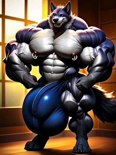 4k, high resolution, best quality, perfect lightning, perfect shadows, solo, anthro, young, boy, wolf, furry body, (fluffy mane:1.2), fluffy tail, male, adult, (bulky, thick muscles:2.0, huge muscles, hyper muscles:2.0), (thick biceps:2.0, veiny biceps, bi...