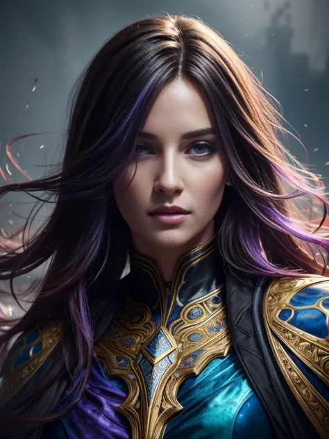 Colorful beautiful girl: a giru 28-years old, messy hair, oil painting, nice perfect face with soft skinice perfect face, blue yellow colors, light purple and violet additions, light red additions, intricate detail, splash screen, 8k resolution, masterpiec...