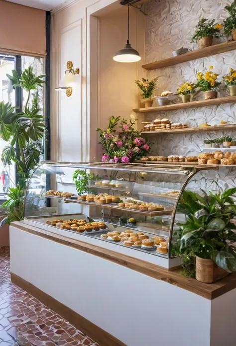 Interior of an aesthetic cafe and pastry shop, tonos naturales y elegantes, aesthetic, juvenil y elegante, con 4 mesas, barra e interior para cocina cerrada, photo area, con flores naturales de colores y en las paredes, realista, con pisos brillantes, tech...