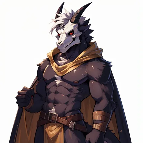 solo, goat horns, black dragon, black scalie, fully black body, black chest, goat skull mask, goat skull, skull mask, red eyes, white hair, white chest tuft, 1 boy, (pose:1.3), (posing:1.3), 4k, hi res, detailed face, 1boy, no nipples, adventurer outfit, b...