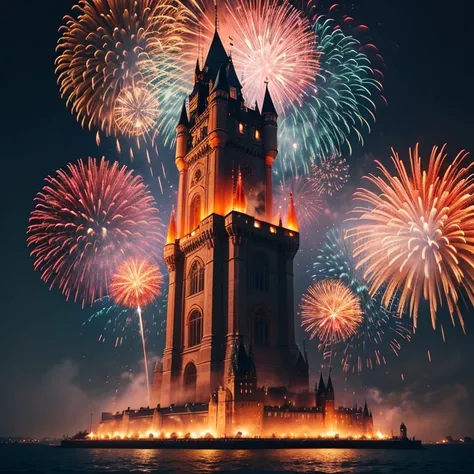 Create an image-style logo related to fireworks for "Guzmán Pyrotechnics," featuring a traditional castle backdrop and firework bombs exploding in the night sky. The castle, shrouded in darkness, stands majestically against a vibrant display of fiery burst...